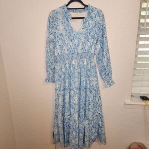 Sail to Sable Floral Midi Dress Size L Long Sleeve Ruffle Tiered Blue White